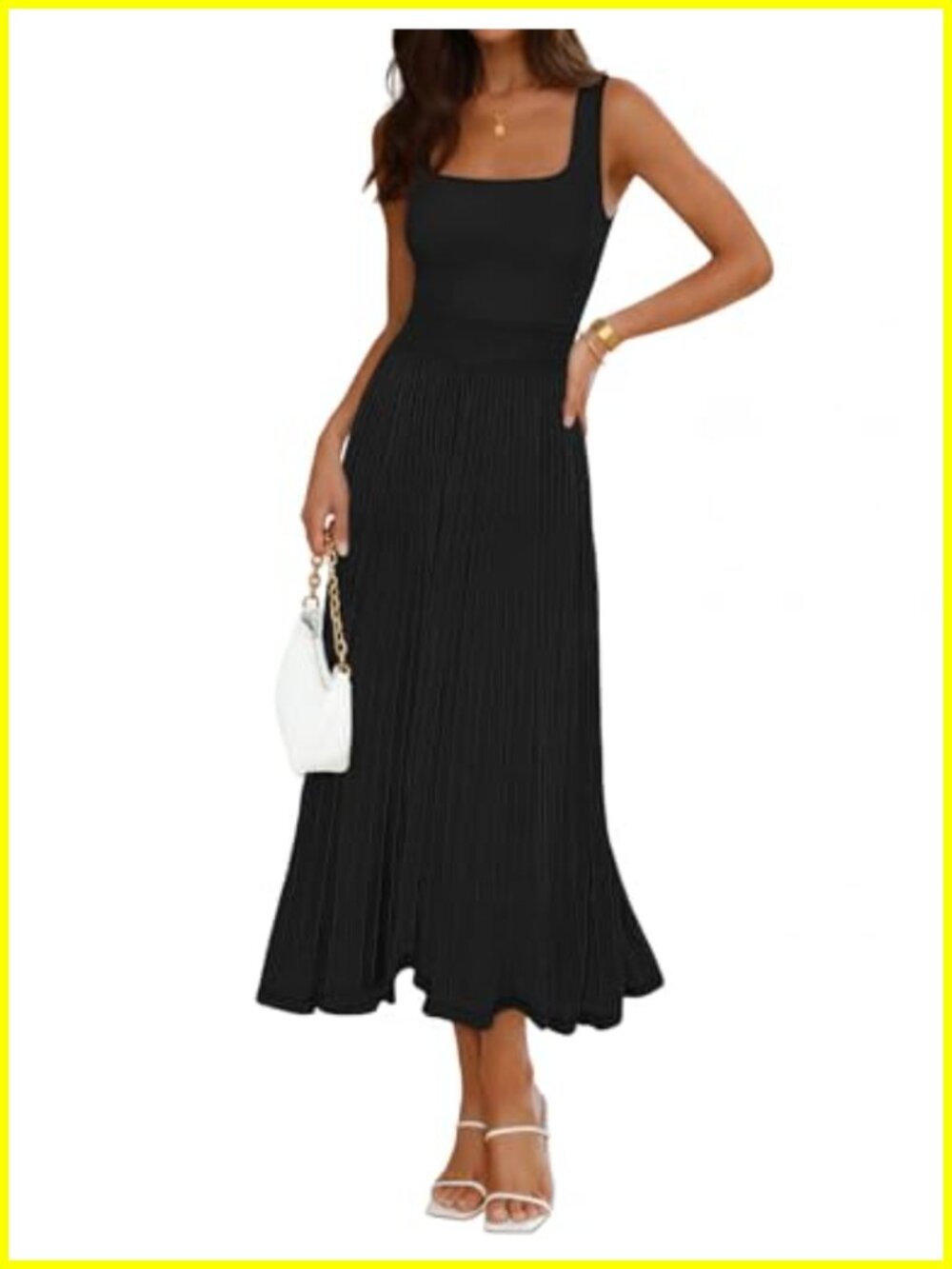 Sleeveless Square Neck Pleated A-Line Midi Dress